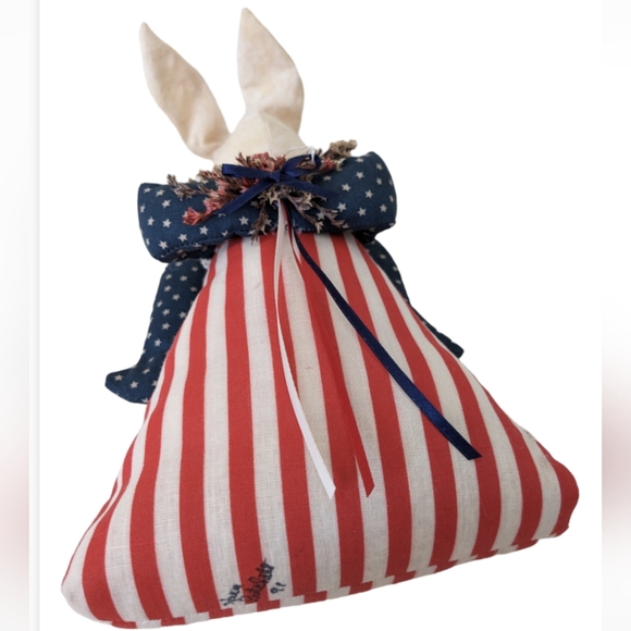 Bunny Rabbit angel folk art Americana tea stain shelf sitter stars strip… - Picture 4 of 5